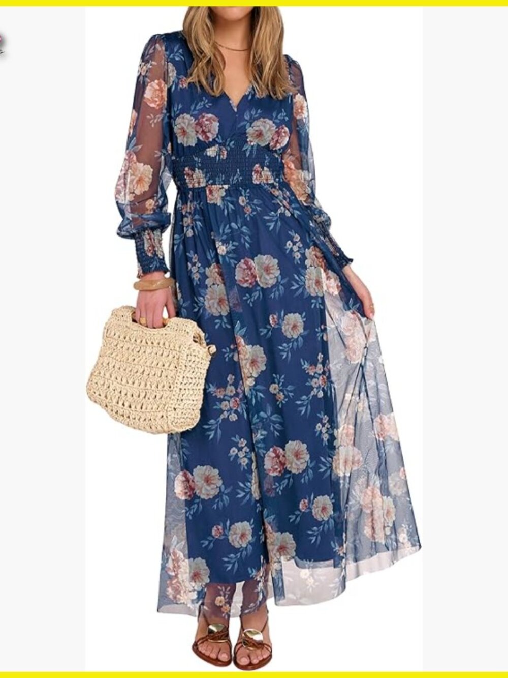 Floral Maxi Dress Puff Sleeve V Neck Boho Wedding Guest Tea Party Tulle